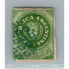 ARGENTINA 1862 GJ 08B ESCUDITO VARIEDAD COLOR VERDE OSCURO DE BUENA CALIDAD SIN DEFECTOS OCULTOS Y CON MUY RARA VARIEDAD ACENTO DE GRAN TAMAÑO U$ 220